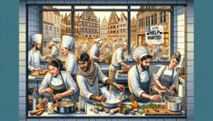Article de blog, JobXtra.be Une image d'une cuisine de restaurant dynamique située à Jette, caractérisée par l'agitation typique de ce genre d'environnement. La scène inclut divers membres du personnel impliqués dans différentes tâches – une chef cuisinière du Moyen-Orient s'affairant à couper des légumes, un sous-chef d'origine sud-asiatique remuant un pot mijotant, et un aide-cuisinier caucasien lavant la vaisselle. La scène extérieure, visible à travers une fenêtre, présente des éléments d'architecture européenne, avec un panneau 'Aide Recherchée' placé de manière bien visible pour que les passants puissent le voir.