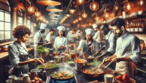 Article de blog, JobXtra.be Une cuisine de restaurant animée à Bruxelles, où le personnel de diverses origines travaille ensemble. Une chef africaine fait sauter des légumes dans une poêle, un sous-chef européen dresse minutieusement un plat, une barista asiatique prépare du café, et un serveur du Moyen-Orient distribue les commandes aux clients. La scène est baignée d'une lumière chaleureuse émanant des lampes suspendues et l'air est parfumé de l'arôme délicieux des plats qui grésillent.