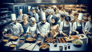 Article de blog, JobXtra.be Capturez une image d'une cuisine de restaurant animée à Molenbeek, remplie du bourdonnement régulier d'équipements de cuisine modernes. Imaginez du personnel de différentes origines, incluant, sans s'y limiter, une chef de cuisine caucasienne prodiguant ses conseils avisés, un sous-chef moyen-oriental dressant méticuleusement les plats, et un cuisinier de ligne sud-asiatique grillant des épices exotiques. Remarquez un pâtissier asiatique décorant délicatement un dessert, tandis qu'un plongeur hispanique maintient un flux constant d'assiettes et d'ustensiles propres. L'image transmet une sensation de chaos organisé, la danse harmonieuse d'une cuisine professionnelle diversifiée.