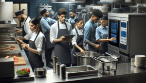 Article de blog, JobXtra.be Image d'une cuisine de restaurant moderne et animée. De nombreux membres du personnel travaillent avec diligence. Une chef cuisinière caucasienne utilise un four high-tech, tandis qu'un sous-chef masculin hispanique étudie attentivement une recette numérique sur une tablette. Une assistante noire utilise un robot culinaire moderne pour découper des légumes et un plongeur asiatique manie avec efficacité une machine à laver la vaisselle de pointe. L'atmosphère générale est intense et concentrée, avec des appareils en acier inoxydable brillants et une technologie culinaire de dernière génération qui remplissent la scène.