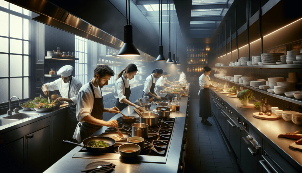 Pourquoi publier votre offre d'emploi Restauration Uccle 2023 sur Jobxtra ?, JobXtra.be Une cuisine de restaurant moderne et animée située à Uccle, une région réputée pour son savoir-faire culinaire. La cuisine est bien équipée avec des appareils en acier inoxydable, un éclairage d'ambiance et des plans de travail élégants. Plusieurs chefs s'affairent à leurs tâches — un chef masculin du Moyen-Orient hachant finement des légumes, une chef féminine hispanique remuant gracieusement une grande marmite de sauce mijotant, un chef masculin noir dressant attentivement un plat avec précision et une chef féminine asiatique garnissant soigneusement une entrée. L'air est rempli de parfums aromatiques et des sons de création culinaire, dépeignant une scène d'activité harmonieuse.