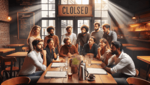 Article de blog, JobXtra.be Une équipe de personnel de restaurant, diverse tant en genre qu'en origine, incluant des individus du Moyen-Orient, hispaniques, caucasiens, noirs et sud-asiatiques, est rassemblée dans une discussion animée. Ils sont assis autour d'une grande table dans un restaurant situé à Uccle, Bruxelles. L'ambiance est immersive ; des rayons de lumière s'infiltrent à travers les rideaux des fenêtres tout en rehaussant l'intérieur chaleureux en bois. Ils ont l'air réfléchis, engagés et collaboratifs alors qu'ils réfléchissent à des solutions. À l'arrière-plan, un panneau de fermeture de style vintage bien visible est accroché à la porte d'entrée, symbolisant le statut actuel du restaurant.