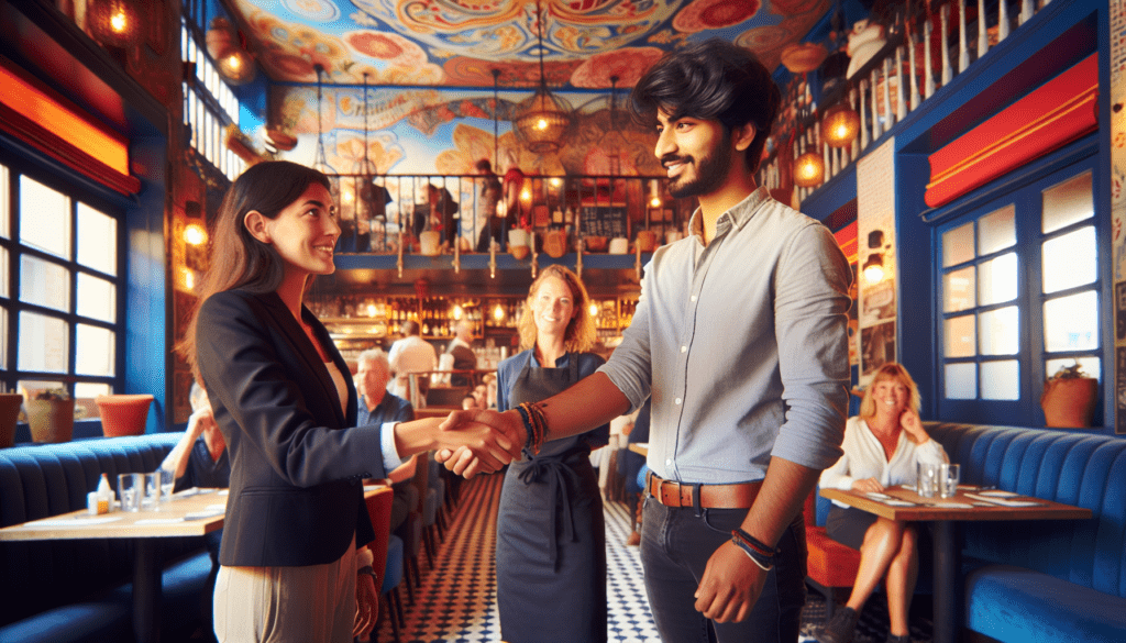 Maximisez vos recrutements horeca à Ixelles : stratégies emploi restauration, JobXtra.be Un homme d'origine sud-asiatique en tenue décontractée tend la main pour une poignée de main à une femme caucasienne, manager de restaurant, en uniforme élégant, à l'intérieur d'un établissement animé situé à Ixelles, une région distincte connue pour ses restaurants dynamiques. L'arrière-plan offre des aperçus de clients savourant leurs repas, du personnel travaillant efficacement et d'un décor qui saisit l'esprit éclectique du lieu. Toute la scène dégage une atmosphère de chaleur et d'hospitalité typique d'un restaurant animé.