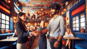 Article de blog, JobXtra.be Un homme d'origine sud-asiatique en tenue décontractée tend la main pour une poignée de main à une femme caucasienne, manager de restaurant, en uniforme élégant, à l'intérieur d'un établissement animé situé à Ixelles, une région distincte connue pour ses restaurants dynamiques. L'arrière-plan offre des aperçus de clients savourant leurs repas, du personnel travaillant efficacement et d'un décor qui saisit l'esprit éclectique du lieu. Toute la scène dégage une atmosphère de chaleur et d'hospitalité typique d'un restaurant animé.
