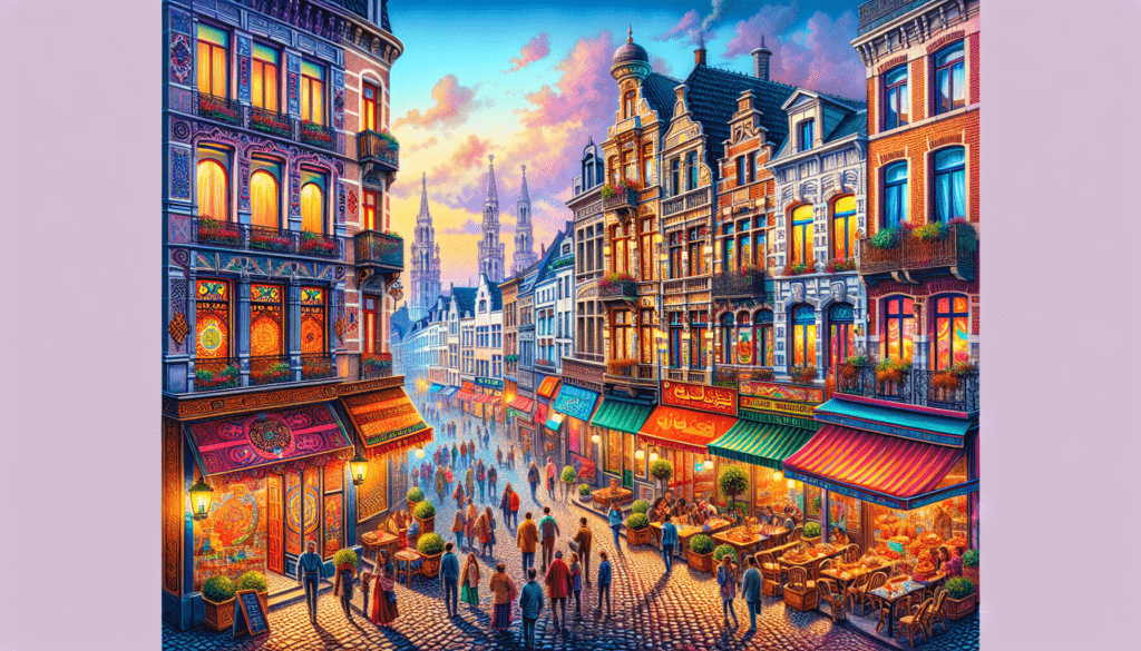 Pourquoi Bruxelles est-elle l'épicentre des carrières en restauration ?, JobXtra.be Une représentation dynamique du paysage urbain de Bruxelles. La scène incarne un éventail de bâtiments, chacun présentant différentes influences culturelles. À gauche, un restaurant du Moyen-Orient aux motifs complexes et aux couleurs chaudes et accueillantes. À côté, un café hispanique avec des décorations traditionnelles et de la musique entraînante qui s'échappe. À droite, une maison de curry d'Asie du Sud aux couleurs riches et aux arômes exotiques qui s'élèvent dans le ciel. Au loin, des personnes de divers genres, origines et âges profitent de la scène culinaire colorée et animée. Les routes pavées, les réverbères de style ancien et le doux ciel crépusculaire offrent un décor pittoresque et pourtant vivant.