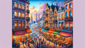 Article de blog, JobXtra.be Une représentation dynamique du paysage urbain de Bruxelles. La scène incarne un éventail de bâtiments, chacun présentant différentes influences culturelles. À gauche, un restaurant du Moyen-Orient aux motifs complexes et aux couleurs chaudes et accueillantes. À côté, un café hispanique avec des décorations traditionnelles et de la musique entraînante qui s'échappe. À droite, une maison de curry d'Asie du Sud aux couleurs riches et aux arômes exotiques qui s'élèvent dans le ciel. Au loin, des personnes de divers genres, origines et âges profitent de la scène culinaire colorée et animée. Les routes pavées, les réverbères de style ancien et le doux ciel crépusculaire offrent un décor pittoresque et pourtant vivant.
