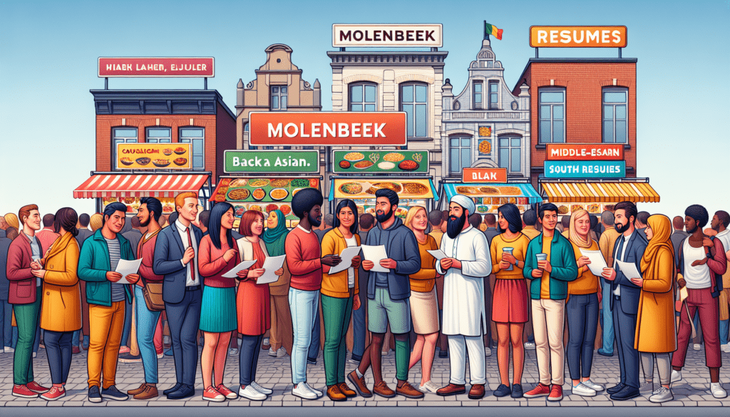 Emploi Horeca Molenbeek Renaissance : pourquoi publier votre annonce sur Jobxtra ?, JobXtra.be Vue de la rue de Molenbeek présentant une variété de stands de nourriture, chacun proposant différentes cuisines. Il y a de nombreuses personnes dans la scène représentant différentes origines telles que caucasienne, hispanique, noire, moyen-orientale, sud-asiatique et blanche. Elles participent à des conversations et à du réseautage, échangeant des CV. L'ambiance générale représente un rassemblement communautaire inclusif et dynamique où des personnes de tous horizons se réunissent pour partager de la nourriture et des opportunités.