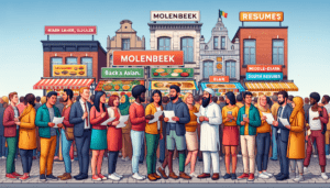Article de blog, JobXtra.be Vue de la rue de Molenbeek présentant une variété de stands de nourriture, chacun proposant différentes cuisines. Il y a de nombreuses personnes dans la scène représentant différentes origines telles que caucasienne, hispanique, noire, moyen-orientale, sud-asiatique et blanche. Elles participent à des conversations et à du réseautage, échangeant des CV. L'ambiance générale représente un rassemblement communautaire inclusif et dynamique où des personnes de tous horizons se réunissent pour partager de la nourriture et des opportunités.