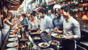 Article de blog, JobXtra.be Imaginez une scène de restaurant animée située dans le quartier vivant d'Ixelles. Capturez un éventail diversifié d'individus impliqués dans la dynamique du lieu. Deux chefs cuisiniers caucasiens absorbés par leur art, une serveuse hispanique apportant des assiettes de plats exquis aux clients, un barman noir préparant des cocktails fascinants derrière le bar et une hôtesse asiatique accueillant les clients avec un sourire amical. Incluez les éléments primordiaux synonymes de tels environnements comme le cliquetis des ustensiles de cuisine, le bouillonnement des marmites, le rythme précipité des serveurs et l'ambiance générale faite de bavardages et de rires des clients.