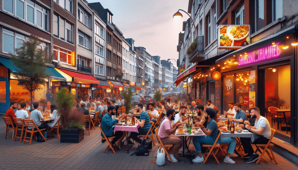 Une rue animée dans le quartier de Schaerbeek, connue pour sa variété de restaurants. D'un côté, il y a des restaurants sud-asiatiques et moyen-orientaux d'où s'échappent de délicieux arômes, et de l'autre, des cuisines des Amériques et d'Europe. Des personnes de différentes origines, y compris des individus noirs, caucasiens et hispaniques, dînent joyeusement en plein air, plongées dans des conversations animées. Les tables sont dressées sous des auvents extérieurs, avec différentes assiettes et boissons visibles. Le ciel du soir au-dessus a une douce teinte rose, reflétant le beau temps de Bruxelles.
