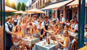 Article de blog, JobXtra.be Une scène animée dans un café en plein air ensoleillé situé à Uccle. Des serveurs et serveuses de sexes et origines diverses servent avec joie des clients heureux. Les clients, eux aussi de différents sexes et origines, sont tous rassemblés autour de diverses tables, savourant leur nourriture et leurs boissons sous le chaud soleil. Le café arbore un design européen, avec des nappes et des parasols colorés assortis. Le personnel chouchoute ses clients, remplissant les verres, prenant de nouvelles commandes et s'assurant du bien-être de chacun, veillant à ce que tout le monde soit heureux et satisfait.