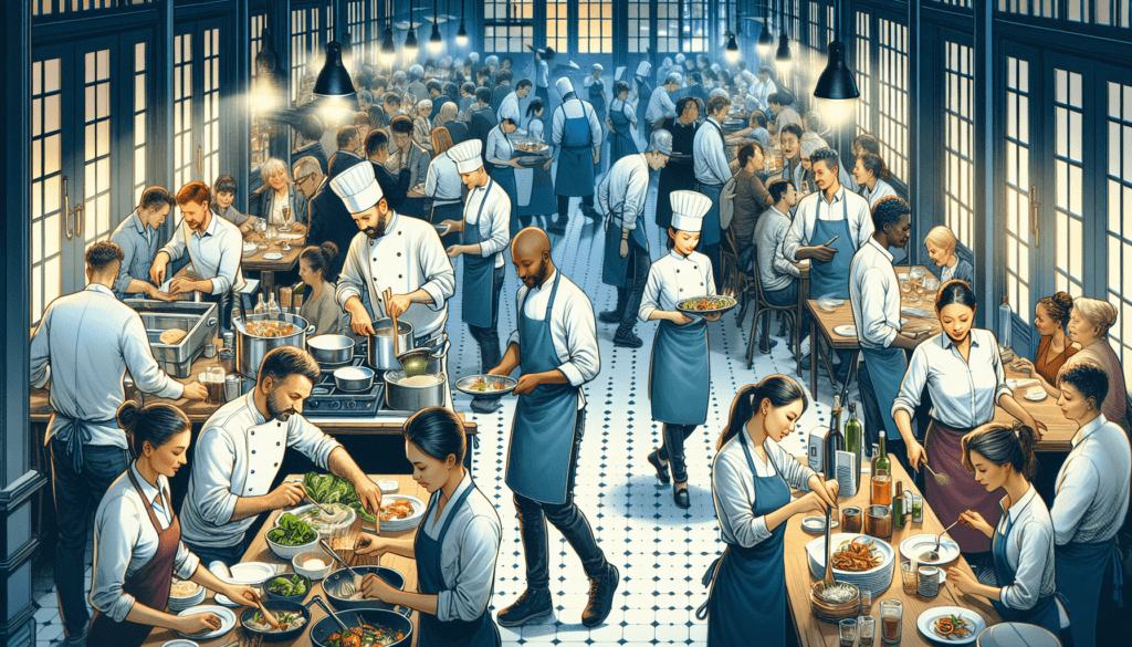 Emploi restauration à Bruxelles : tendances et comment attirer les meilleurs talents ?, JobXtra.be Une scène de restaurant animée située à Bruxelles, en Belgique. Sur cette image, visualisez une équipe de chefs et de serveurs diversifiée, s'affairant avec entrain. Un chef cuisinier caucasien prépare un plat au comptoir. Une sous-chef asiatique coupe des légumes, tandis qu'un assistant chef noir mélange une marmite sur la cuisinière. Une serveuse moyen-orientale prend les commandes d'un groupe de clients, un serveur sud-asiatique équilibre des plateaux de nourriture, et une serveuse hispanique sert une table d'invités. L'air est empli d'enthousiasme et de dévouement, mettant en lumière la vitalité nocturne de l'industrie de la restauration.