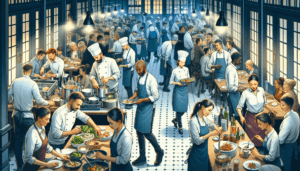 Article de blog, JobXtra.be Une scène de restaurant animée située à Bruxelles, en Belgique. Sur cette image, visualisez une équipe de chefs et de serveurs diversifiée, s'affairant avec entrain. Un chef cuisinier caucasien prépare un plat au comptoir. Une sous-chef asiatique coupe des légumes, tandis qu'un assistant chef noir mélange une marmite sur la cuisinière. Une serveuse moyen-orientale prend les commandes d'un groupe de clients, un serveur sud-asiatique équilibre des plateaux de nourriture, et une serveuse hispanique sert une table d'invités. L'air est empli d'enthousiasme et de dévouement, mettant en lumière la vitalité nocturne de l'industrie de la restauration.