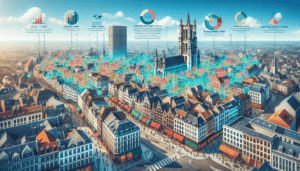 Article de blog, JobXtra.be Une vue aérienne d'une ville animée qui ressemble à Bruxelles, lors d'une journée claire avec un ciel bleu. Le mélange unique d'architecture gothique et moderne de la ville est évident. On peut voir les grands bâtiments municipaux, les charmantes rues pavées et les parcs verdoyants. Différents quartiers sont mis en évidence par des couleurs, avec de séduisants superpositions numériques illustrant leur potentiel pour les affaires de restauration. Les emplacements commerciaux potentiels peuvent inclure des zones près des bureaux de commerce, des quartiers résidentiels et des lieux touristiques populaires. Un encart de type infographie peut indiquer le nombre de passages à proximité, les types de population et les types de cuisine préférables.